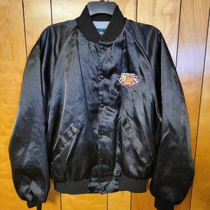 Vintage Federated Auto Parts Racing Jacket LARGE Snap Button BLACK Satin look A1